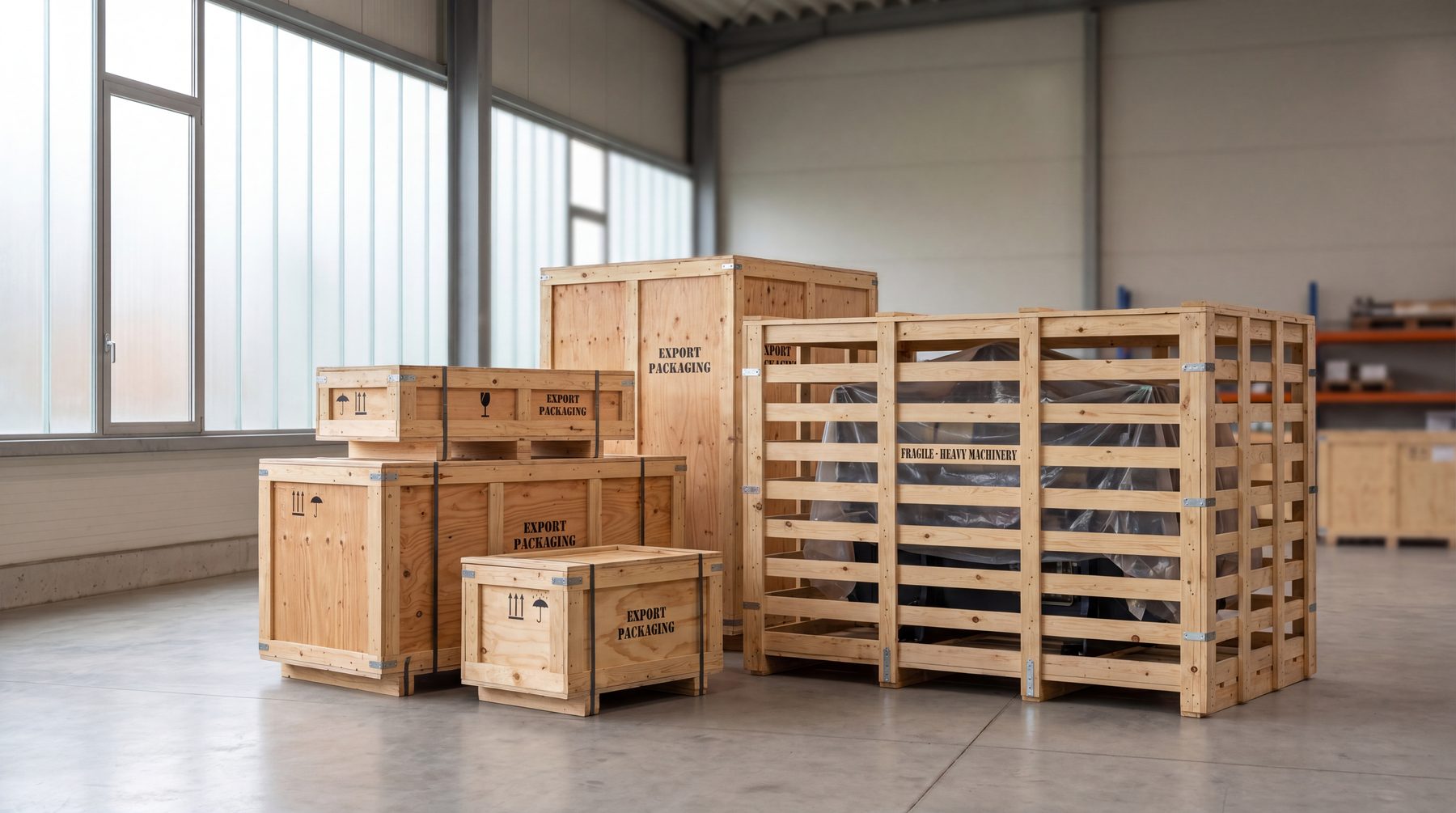 Wooden export crates and boxes
